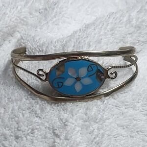 Vintage Alpaca Mexico Blue Inlay Flower Cuff Bracelet Silver Tone Scroll Design